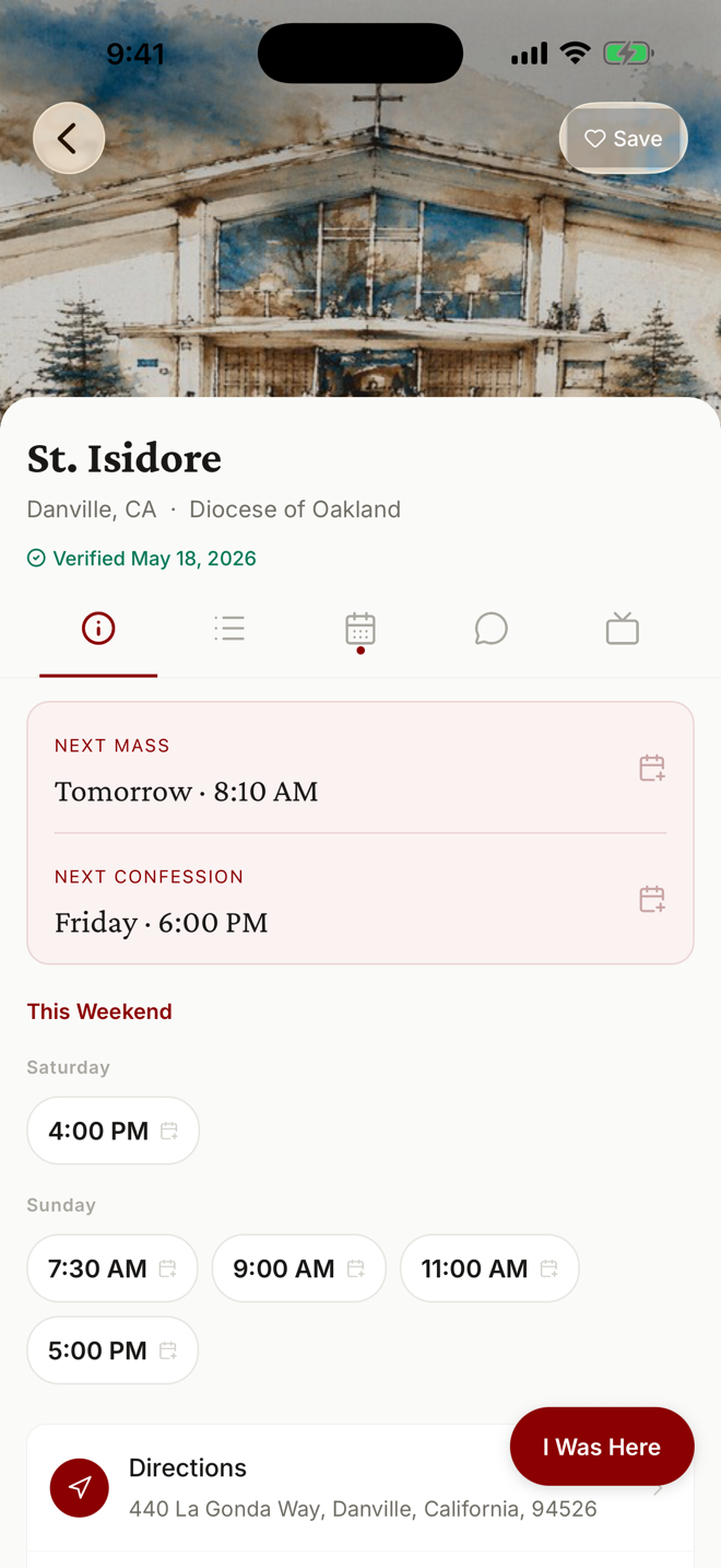 Parish detail showing verified schedule