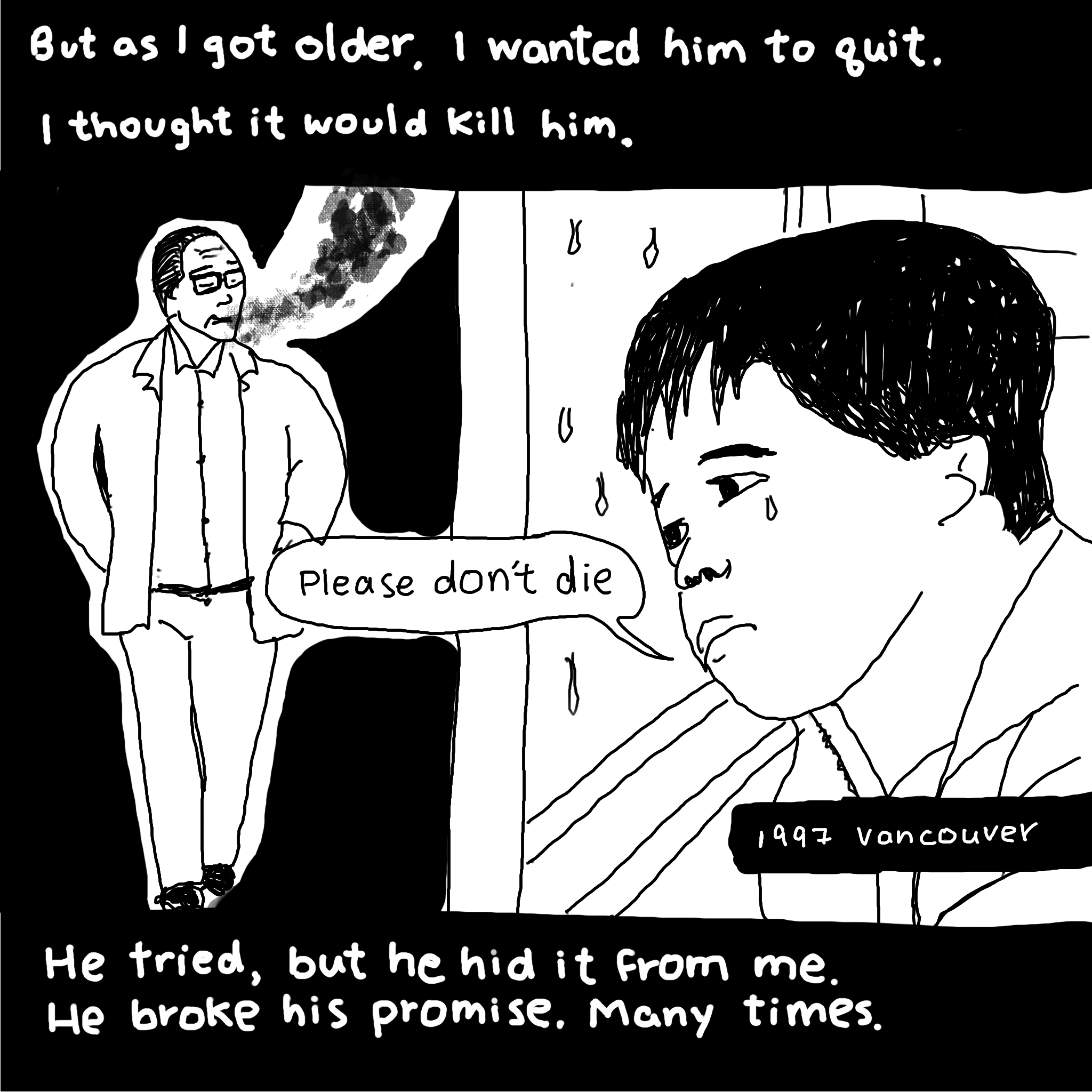 Diary comic from 2022 showing a young boy saying 'Please don't die' to his grandfather smoking, Vancouver 1997
