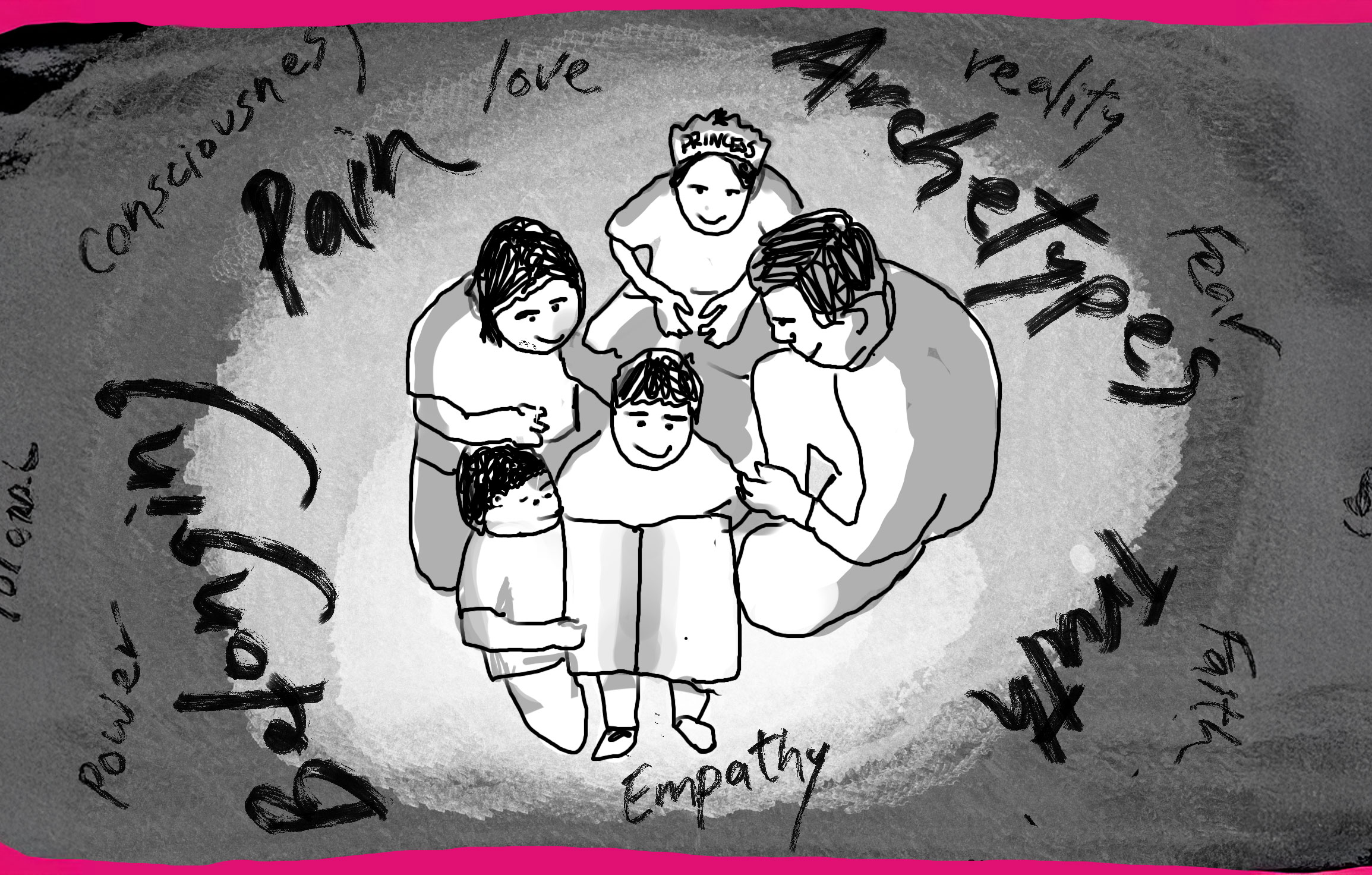 Hand-drawn comic of a family surrounded by swirling words - Empathy, Archetypes, Love, Consciousness, Pain