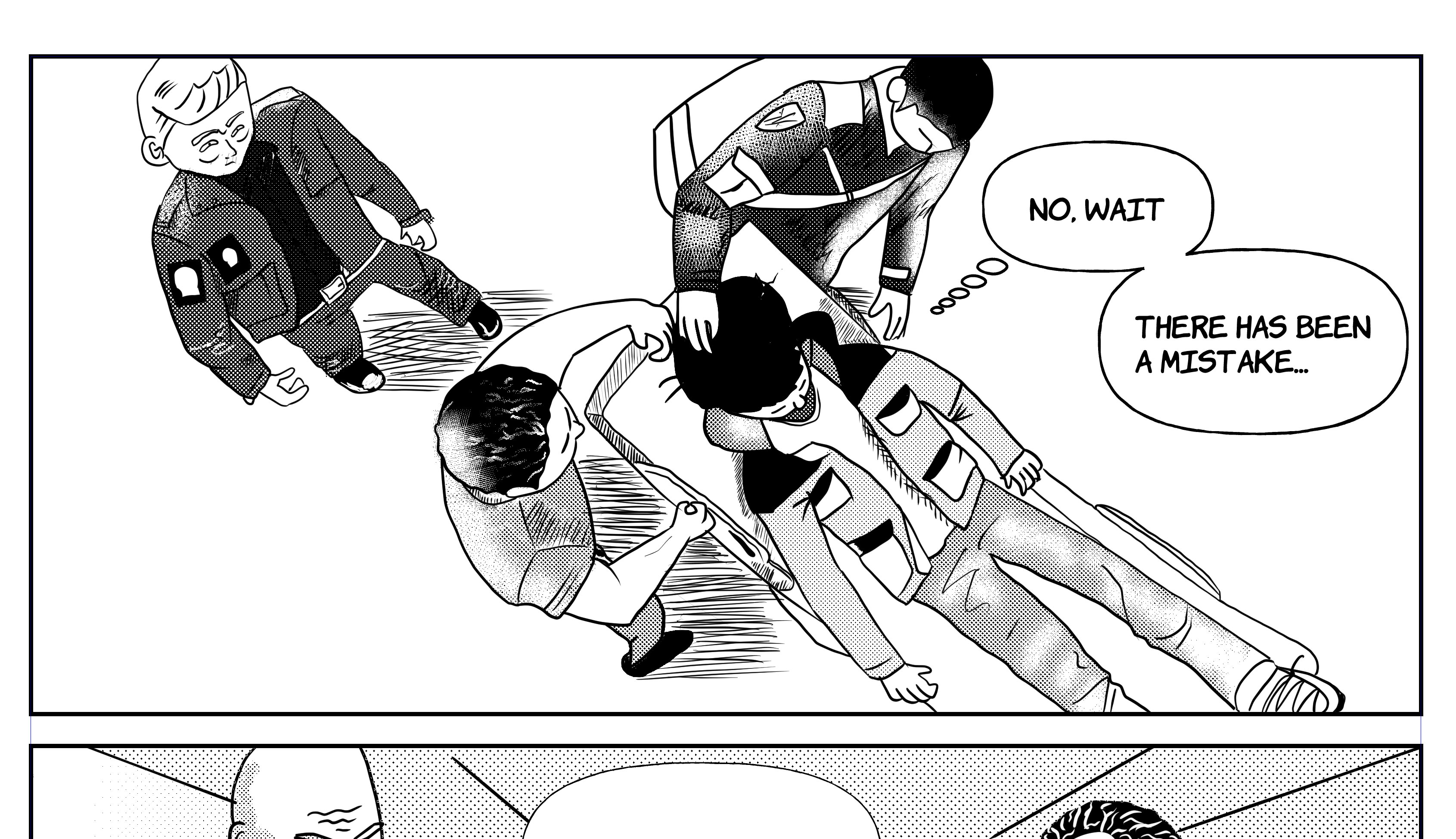 Comic panel of paramedics with speech bubble saying 'No, wait. There has been a mistake...'