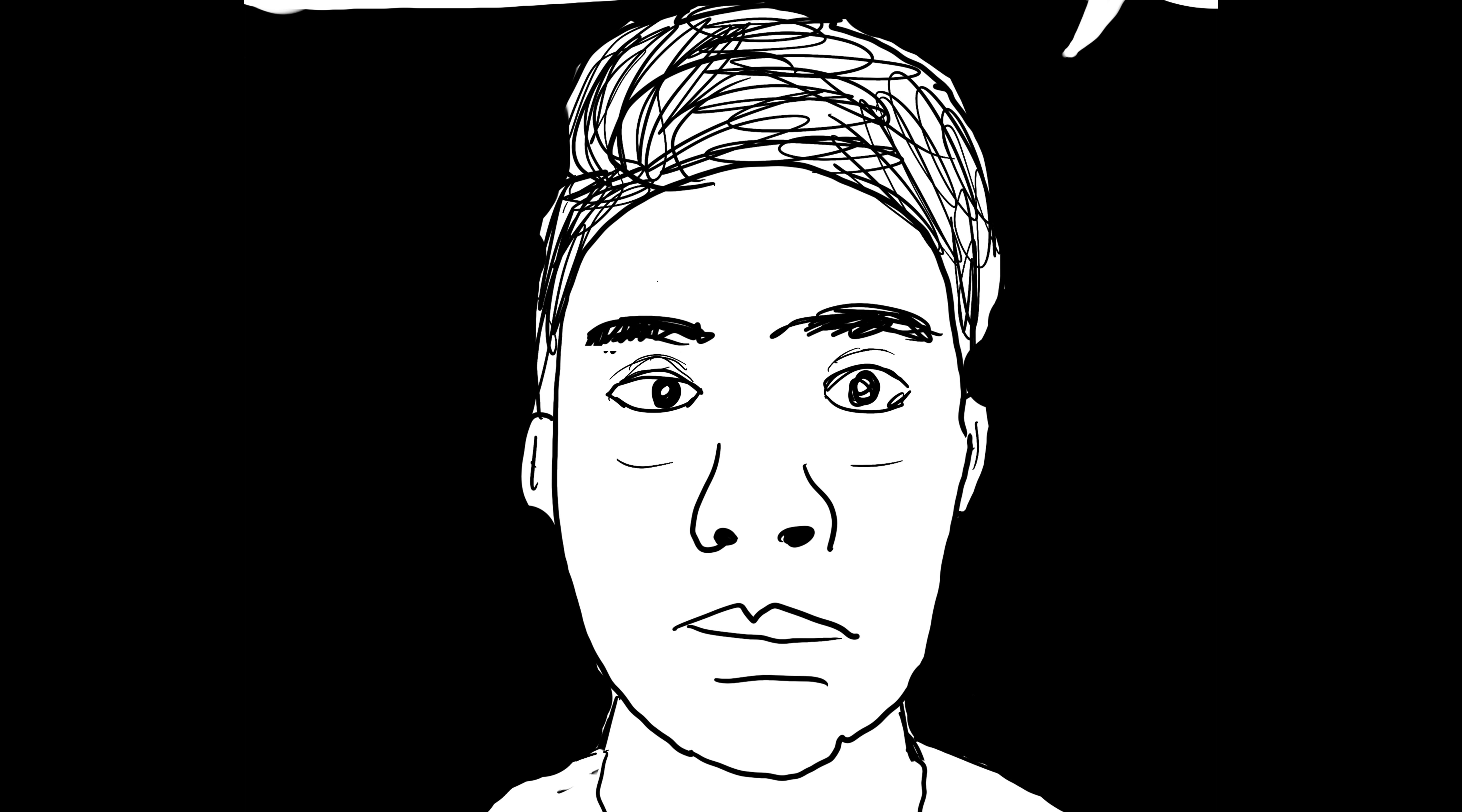 Hand-drawn self-portrait in black and white