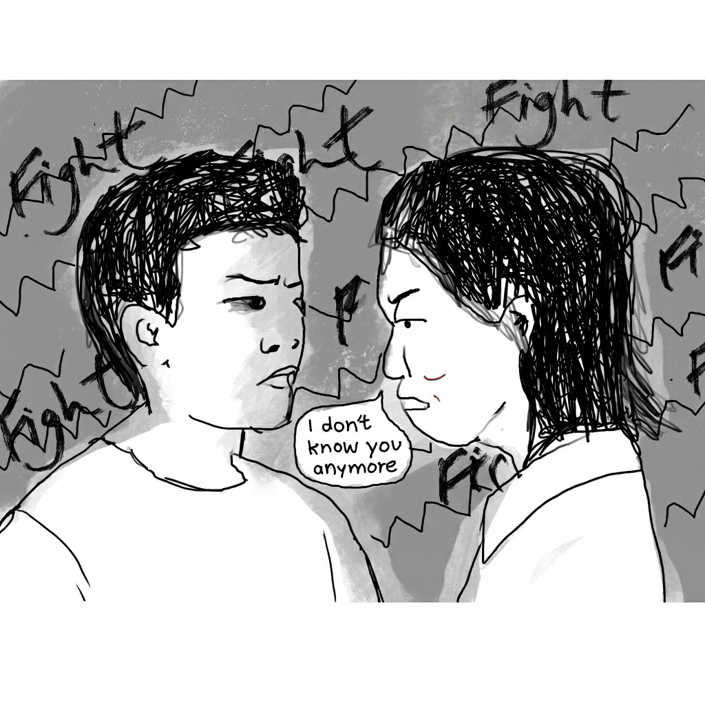Comic panel of a mother and son face to face, the word 'Fight' scrawled across the wall behind them, with a speech bubble: 'I don't know you anymore.'